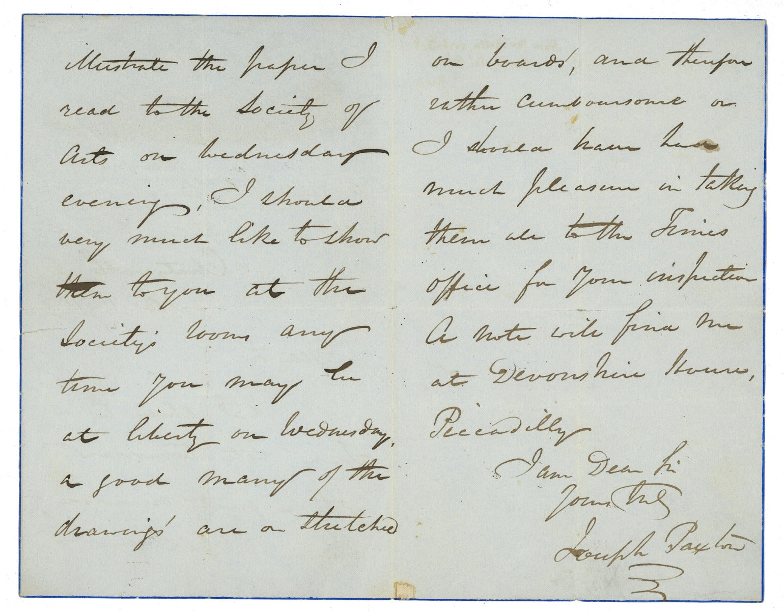 original dated and signed 1850 letter by london's crystal palace architect joseph paxton
