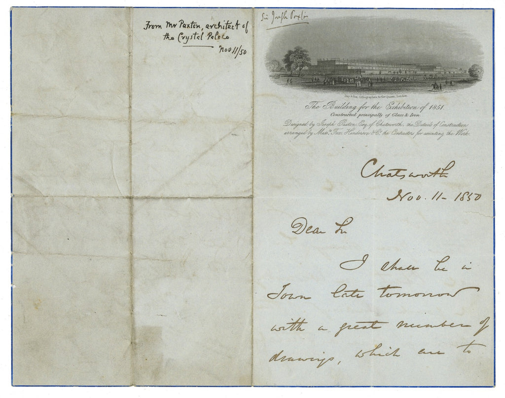 original dated and signed 1850 letter by london's crystal palace architect joseph paxton