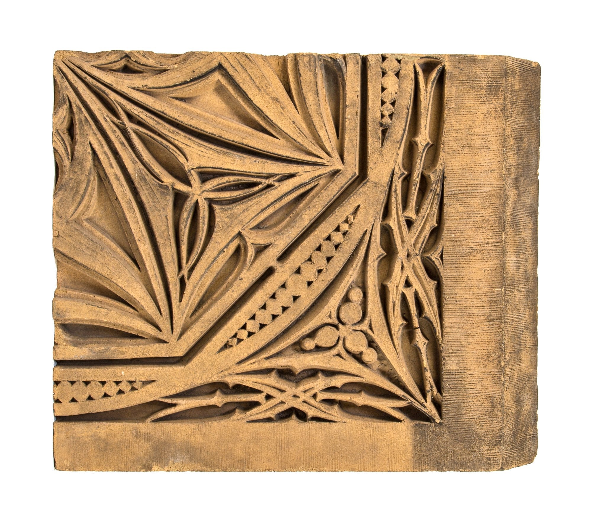 original museum-quality 19th century adler and sullivan-designed buff-colored st. nicholas hotel terra cotta window bay "snowflake" spandrel with strongly geometric design