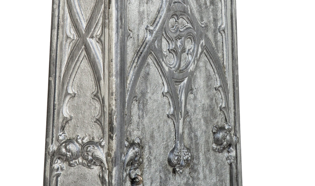 historically important 19th century cast aluminum gothic style isabella building interior lobby staircase newel post with intricate tracery and crockets