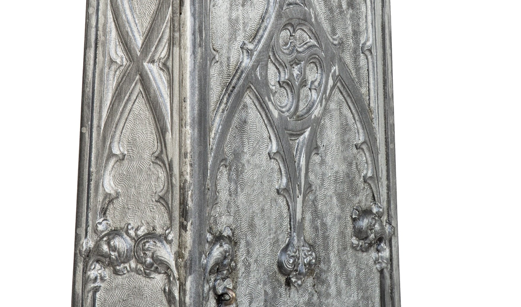 historically important 19th century cast aluminum gothic style isabella building interior lobby staircase newel post with intricate tracery and crockets