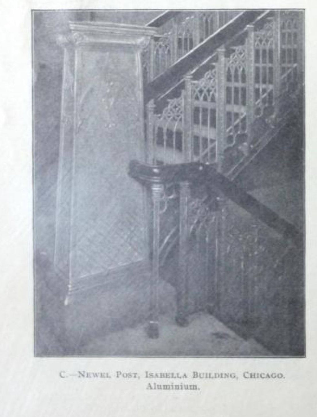 historically important 19th century cast aluminum gothic style isabella building interior lobby staircase newel post with intricate tracery and crockets