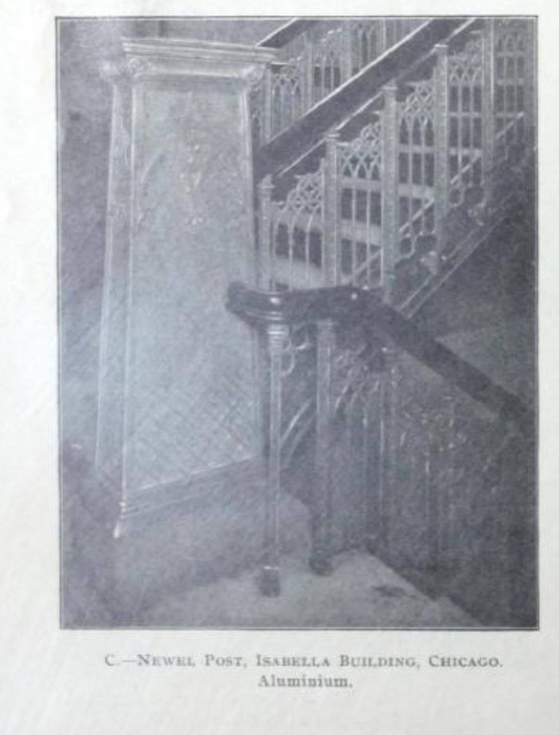 historically important 19th century cast aluminum gothic style isabella building interior lobby staircase newel post with intricate tracery and crockets
