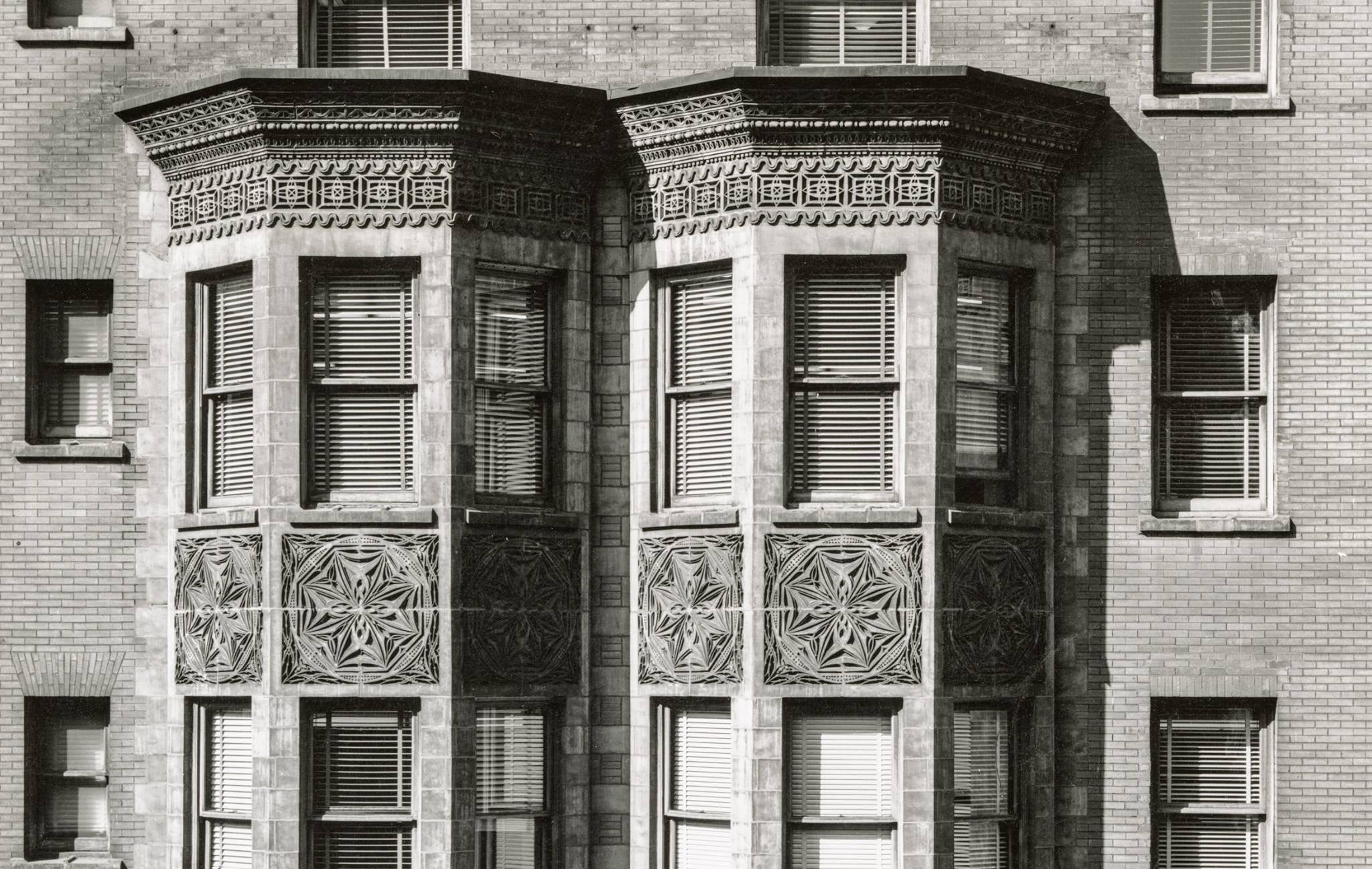 original museum-quality 19th century adler and sullivan-designed buff-colored st. nicholas hotel terra cotta window bay "snowflake" spandrel with strongly geometric design