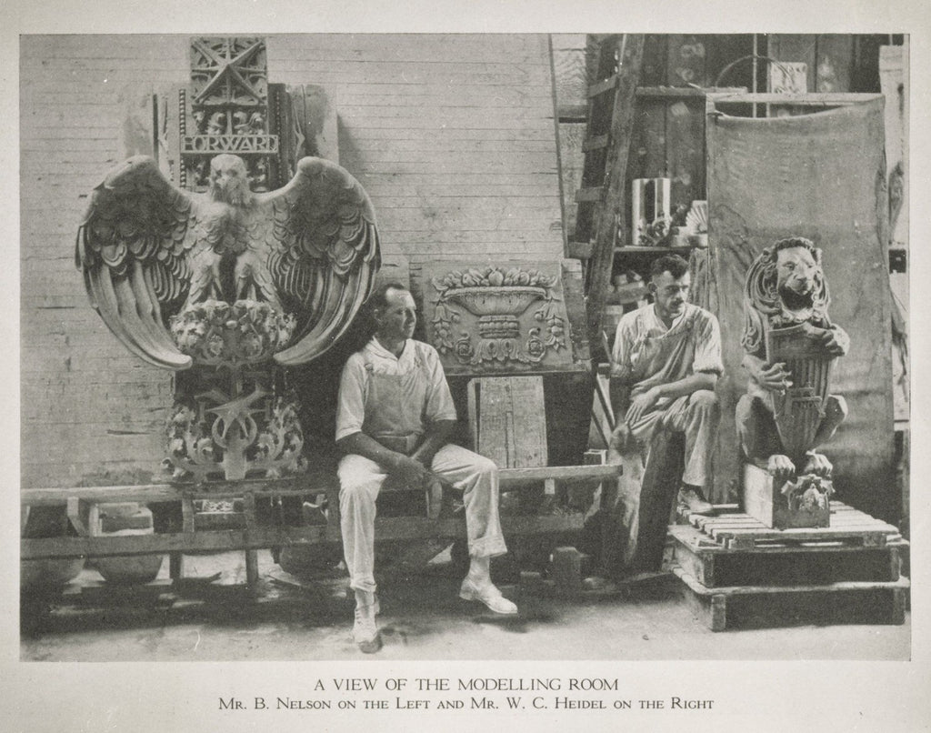 original full-figured 1918 louis h. sullivan-designed speckle glazed terra cotta rearing lion sculpted by kristian schneider