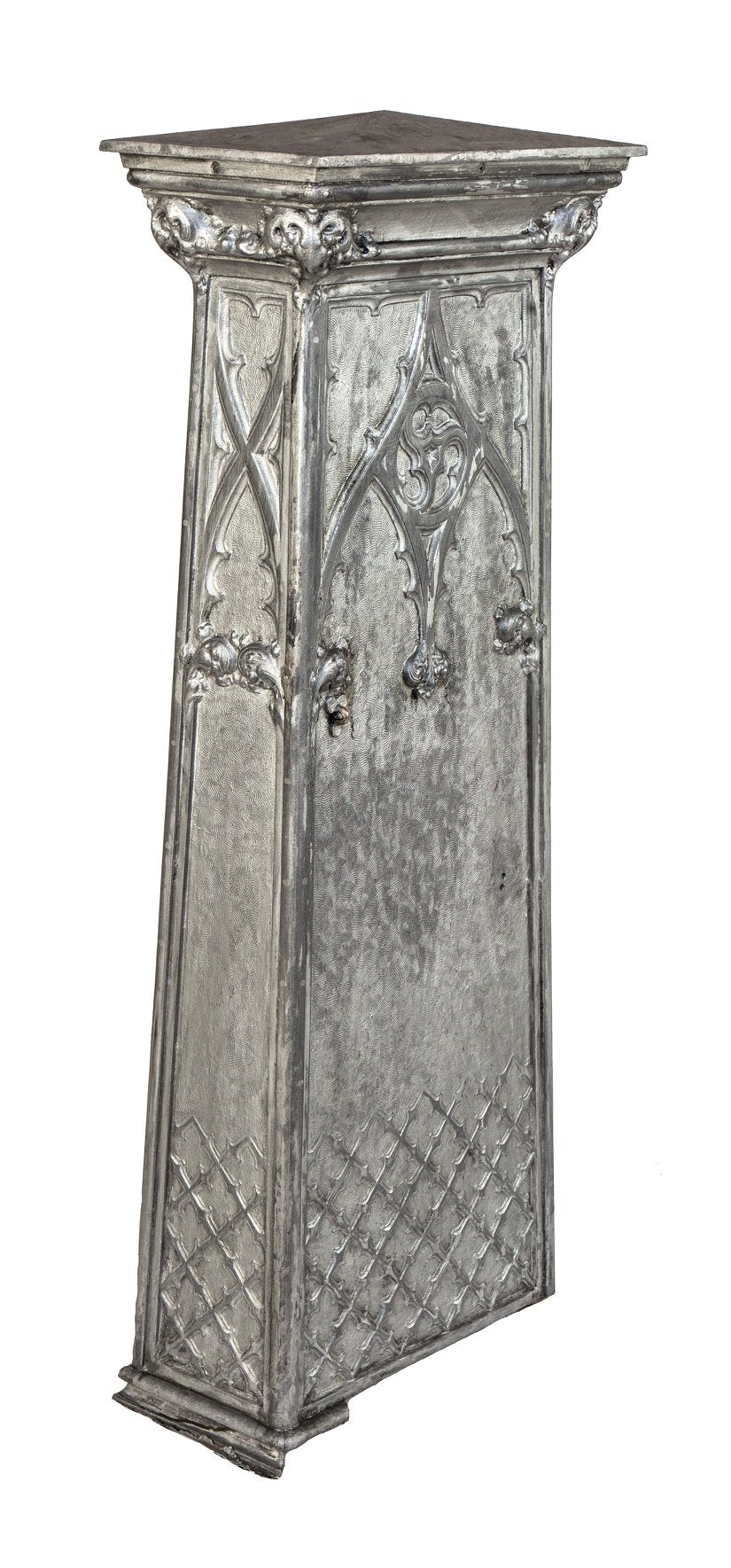 historically important 19th century cast aluminum gothic style isabella building interior lobby staircase newel post with intricate tracery and crockets