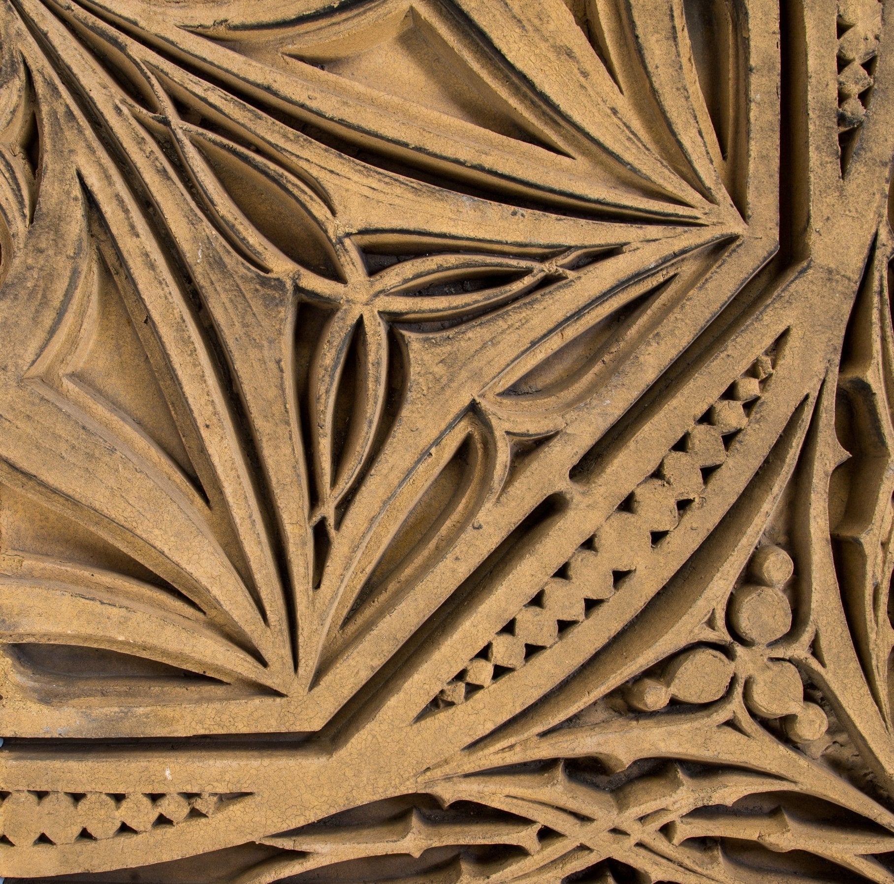 original museum-quality 19th century adler and sullivan-designed buff-colored st. nicholas hotel terra cotta window bay "snowflake" spandrel with strongly geometric design
