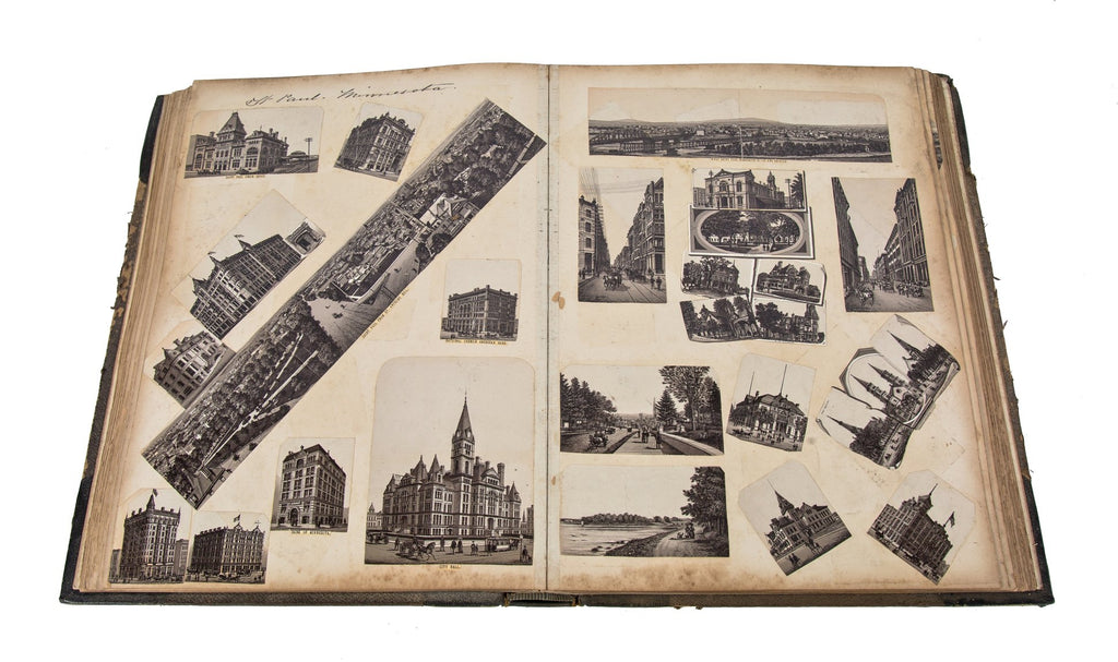 amazingly intact late 19th century hardbound scrapbook containing a combination of albumen prints and lithographs of major american cities
