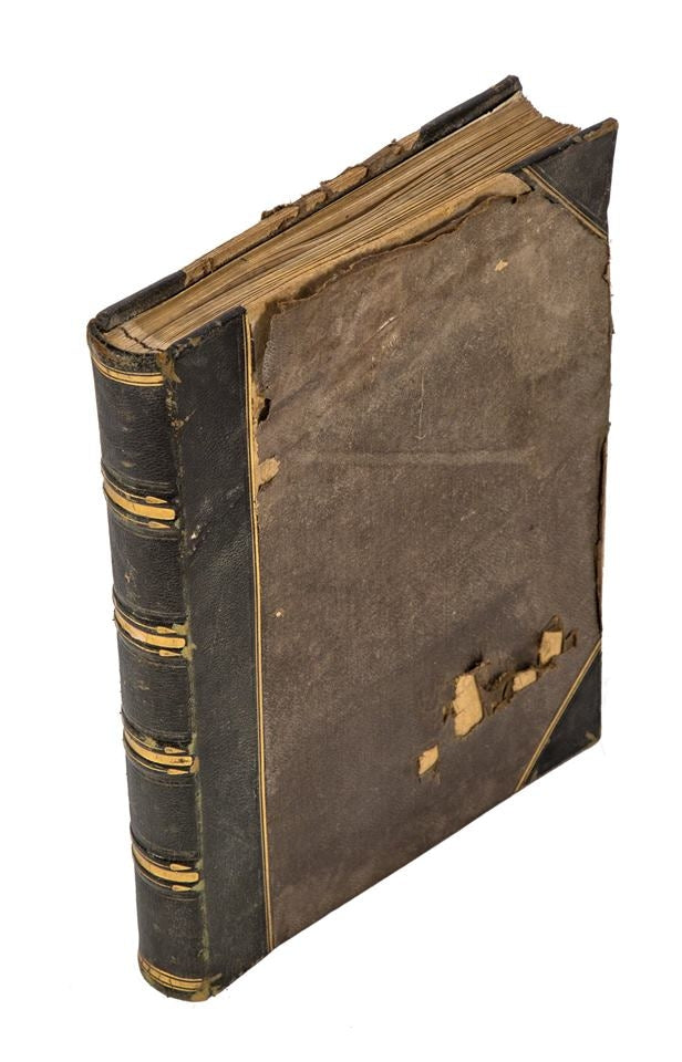 amazingly intact late 19th century hardbound scrapbook containing a combination of albumen prints and lithographs of major american cities