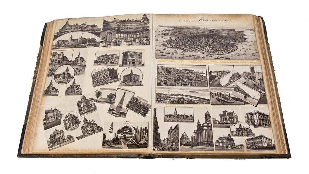 amazingly intact late 19th century hardbound scrapbook containing a combination of albumen prints and lithographs of major american cities