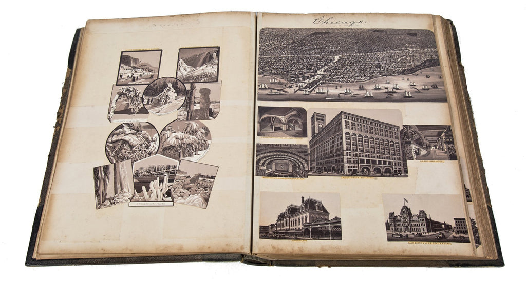 amazingly intact late 19th century hardbound scrapbook containing a combination of albumen prints and lithographs of major american cities