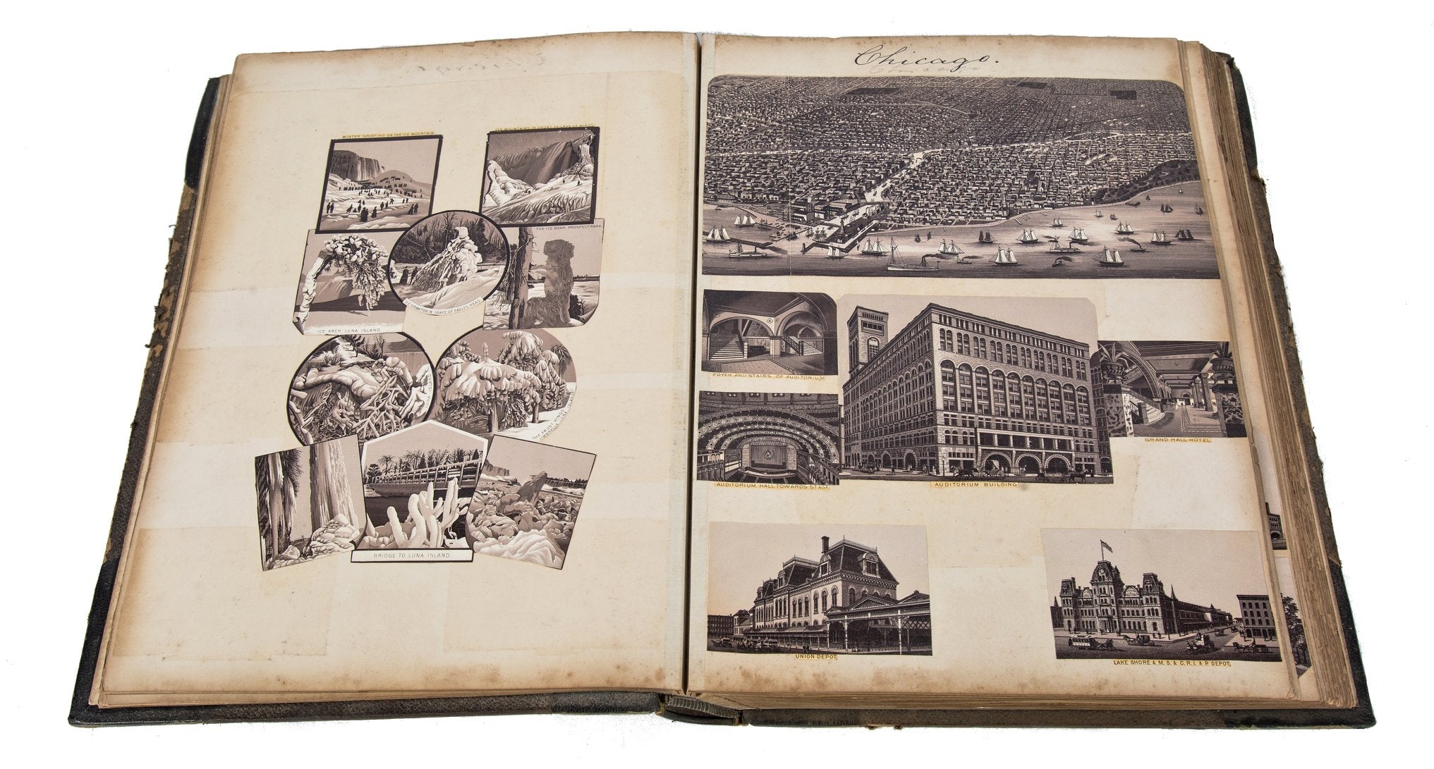 amazingly intact late 19th century hardbound scrapbook containing a combination of albumen prints and lithographs of major american cities