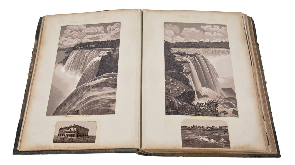 amazingly intact late 19th century hardbound scrapbook containing a combination of albumen prints and lithographs of major american cities