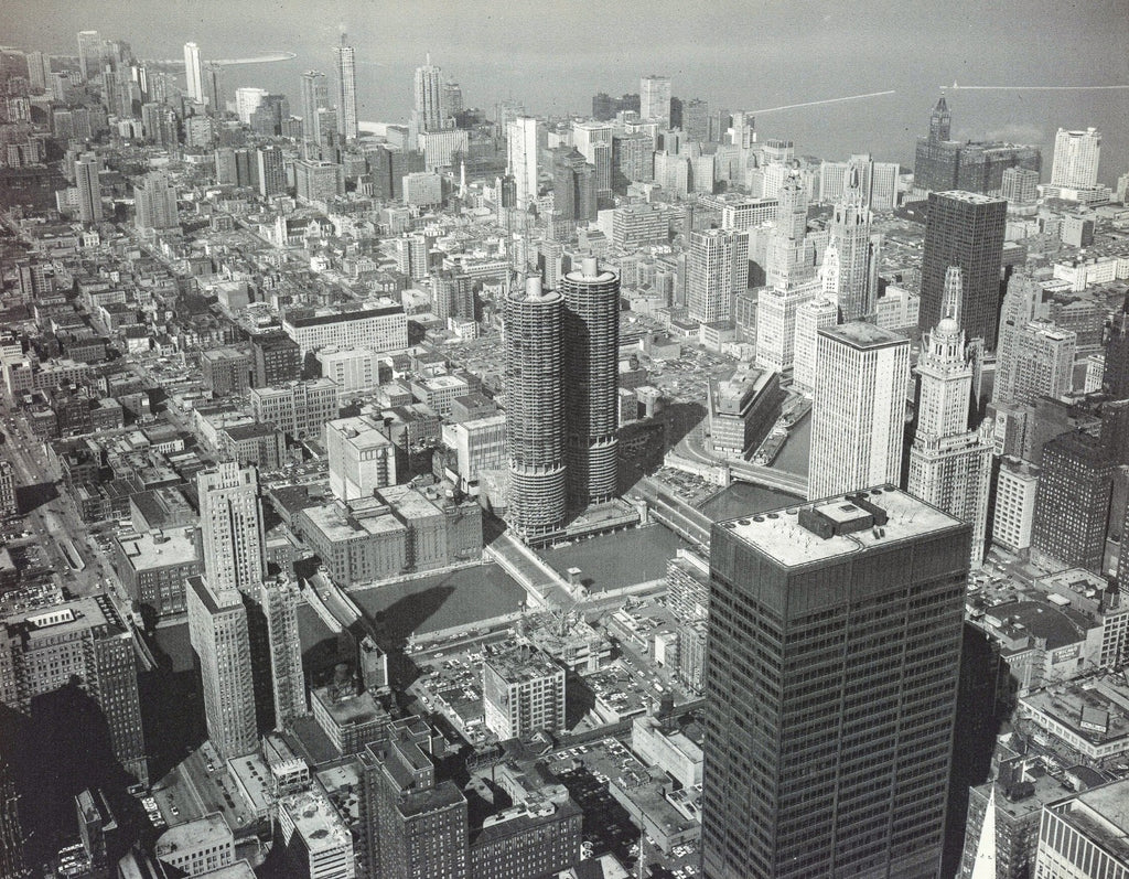 photographic images of bertrand goldberg's marina city taken before, during, and after it's completion in 1968