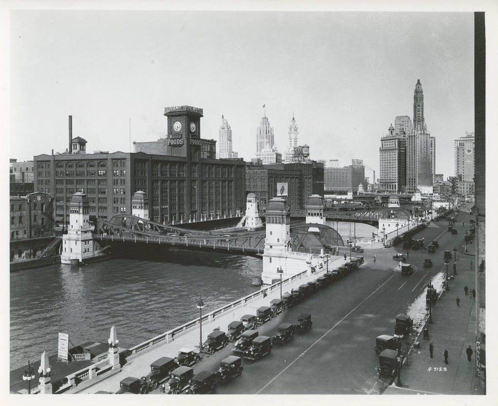 group of early 20th century kaufamnn and fabry silver gelatin prints of chicago buildings, boats, and bridges