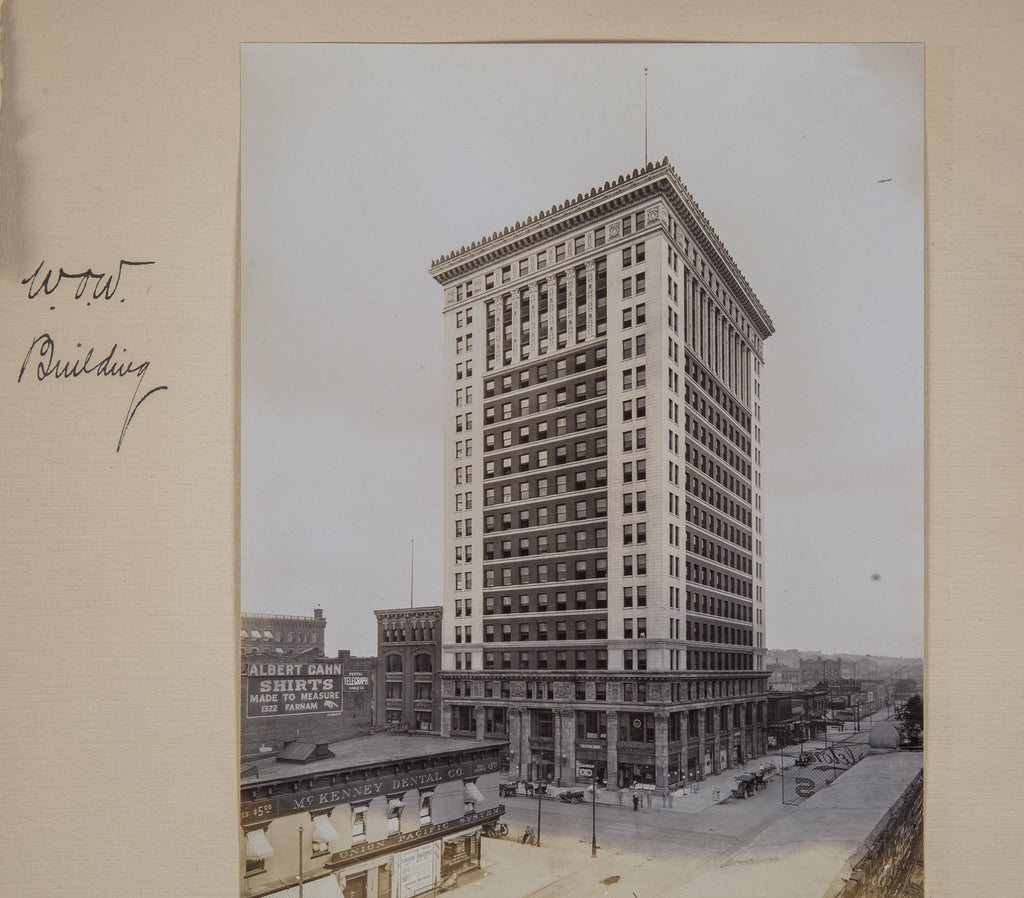 original signed 1917 mounted and notated gelatin silver prints of downtown omaha commercial buildings by notable news photographer louis r. bostwick
