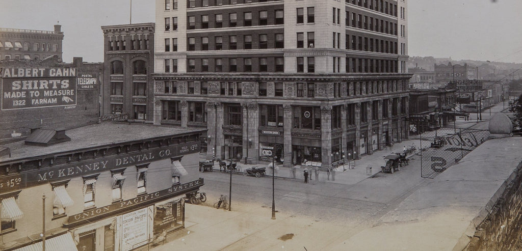 original signed 1917 mounted and notated gelatin silver prints of downtown omaha commercial buildings by notable news photographer louis r. bostwick