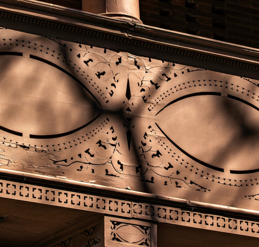 museum-quality 1891-2 fret-sawn painted pine wood gothic style loggia bracket panel from adler and sullivan's james charnley house