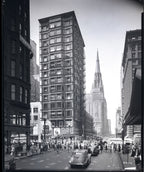 original white glazed terra cotta reliance building roofline module with intact wood sash frame and plate glass window