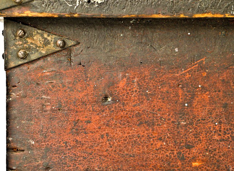 nicely weathered reinforced painted pine wood civil war-era carpenter's tool chest with riveted strap hinges and distinctive exterior metal plaques