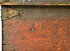 nicely weathered reinforced painted pine wood civil war-era carpenter's tool chest with riveted strap hinges and distinctive exterior metal plaques