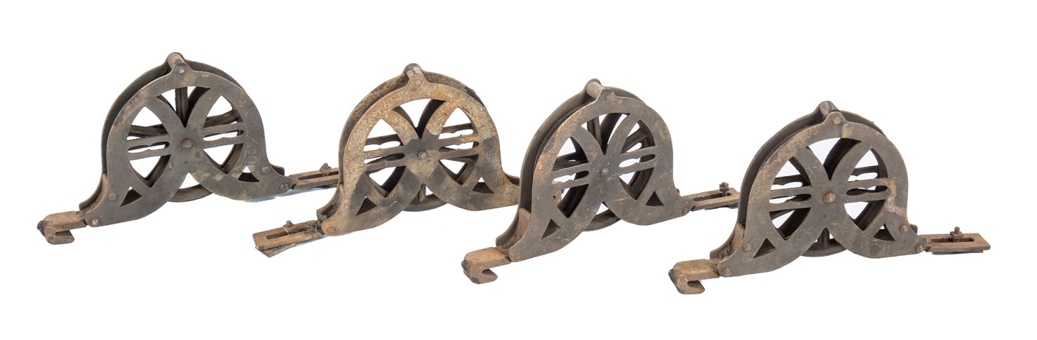 group of four original and fully functional c. 1920's american depression eras salvaged chicago  lawndale theater backstage stage loft wrought steel block pulleys