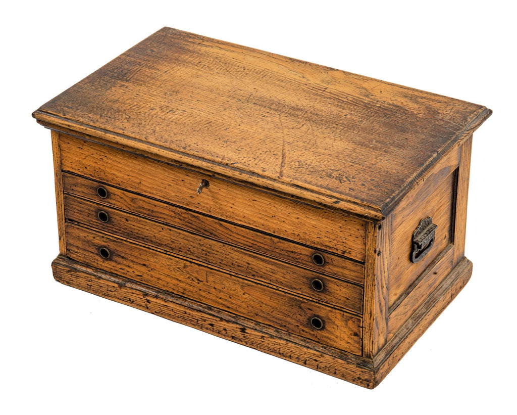 intact late 19th or early 20th century c.e. jennings & company oak wood "arrowhead" machinist tool chest with original keys