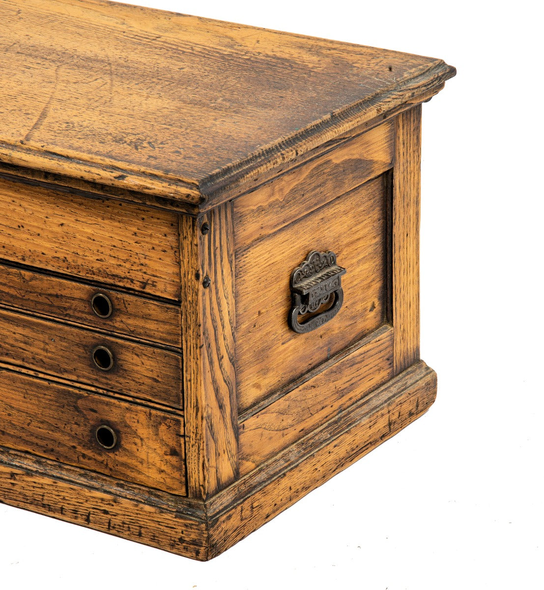 intact late 19th or early 20th century c.e. jennings & company oak wood "arrowhead" machinist tool chest with original keys