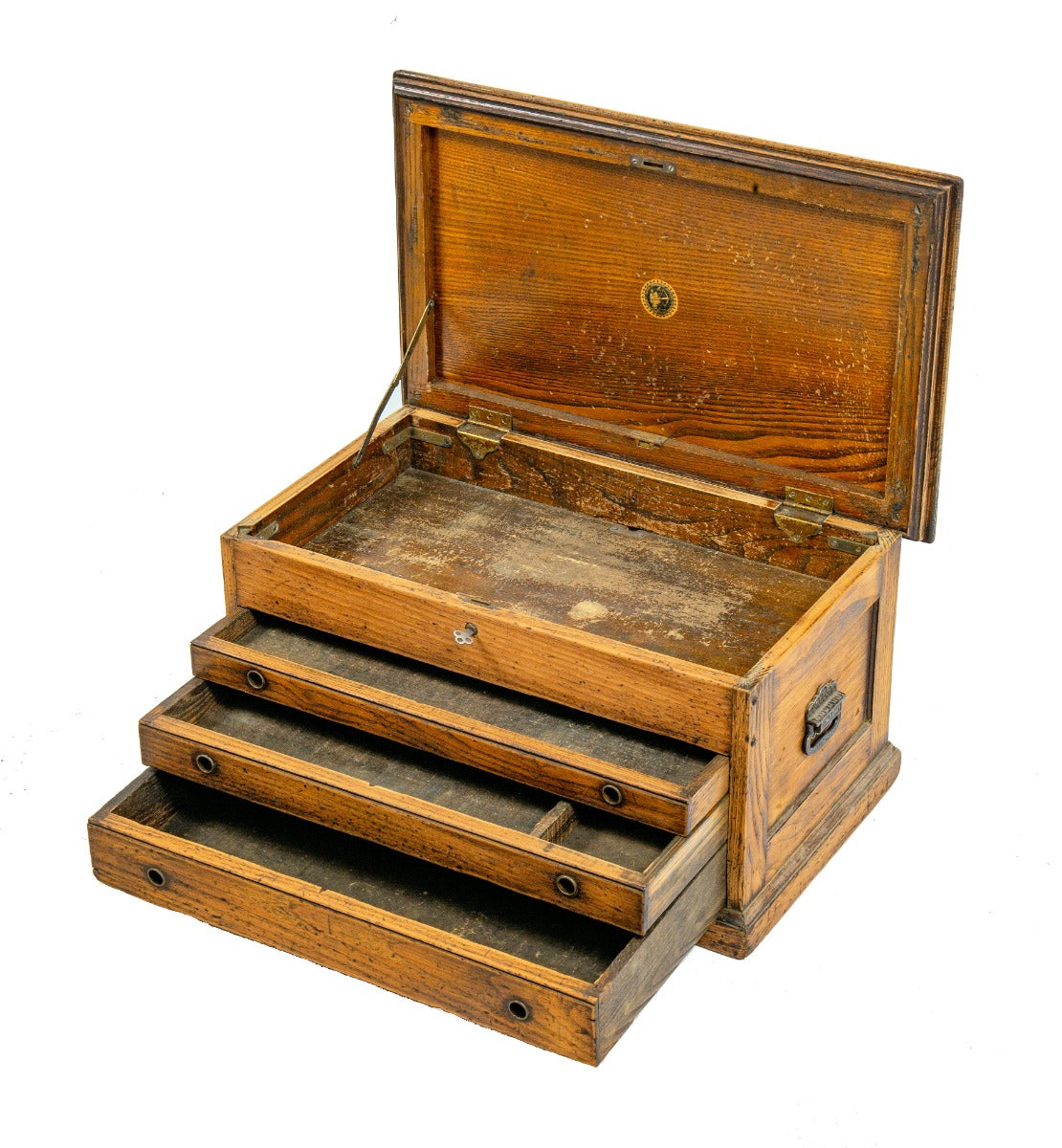 intact late 19th or early 20th century c.e. jennings & company oak wood "arrowhead" machinist tool chest with original keys