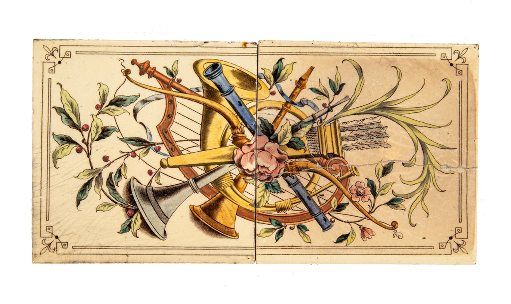 unuusal 1870s two-piece salvaged chicago polychromatic 6 x 12 inch fireplace tile set as found