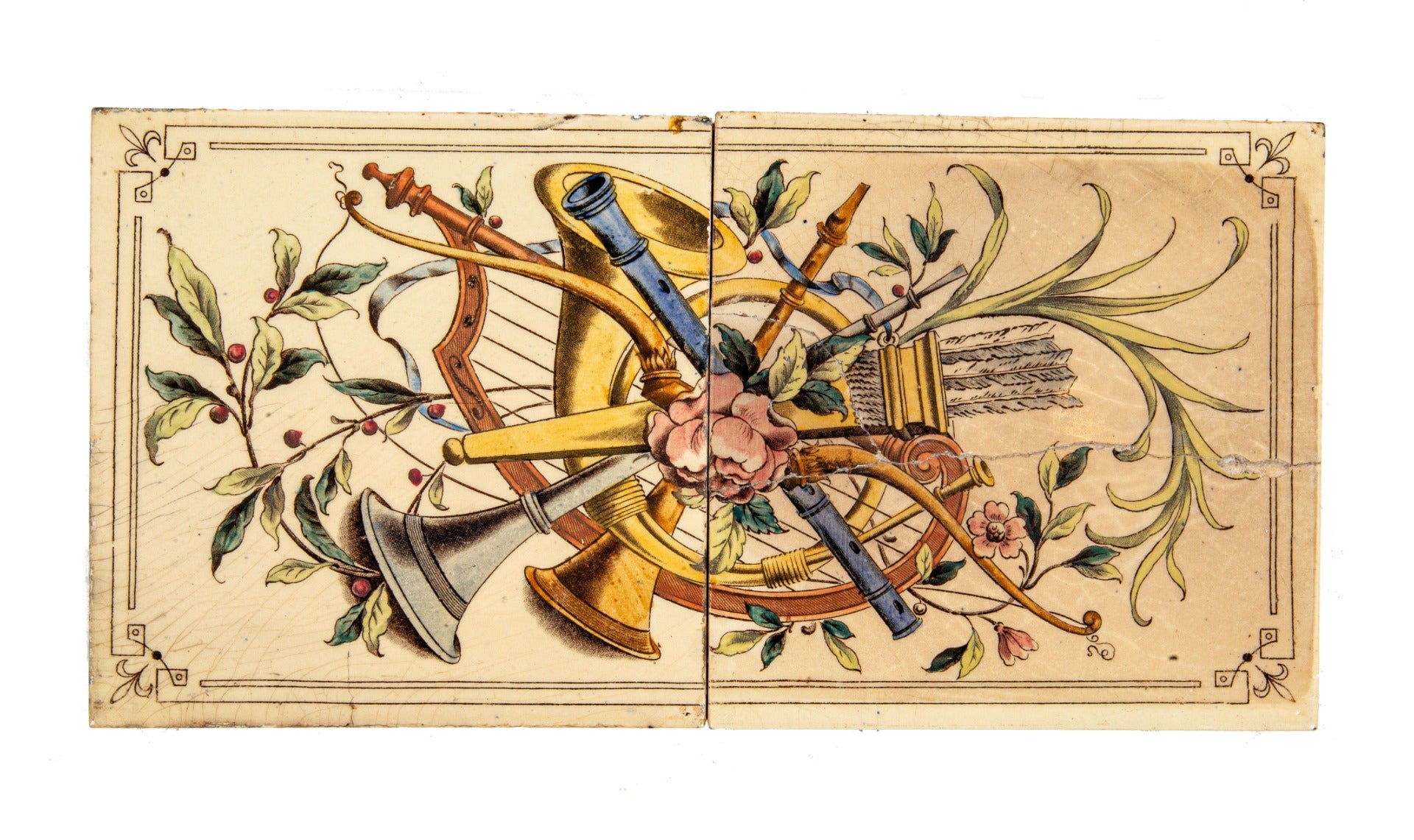 unuusal 1870s two-piece salvaged chicago polychromatic 6 x 12 inch fireplace tile set as found