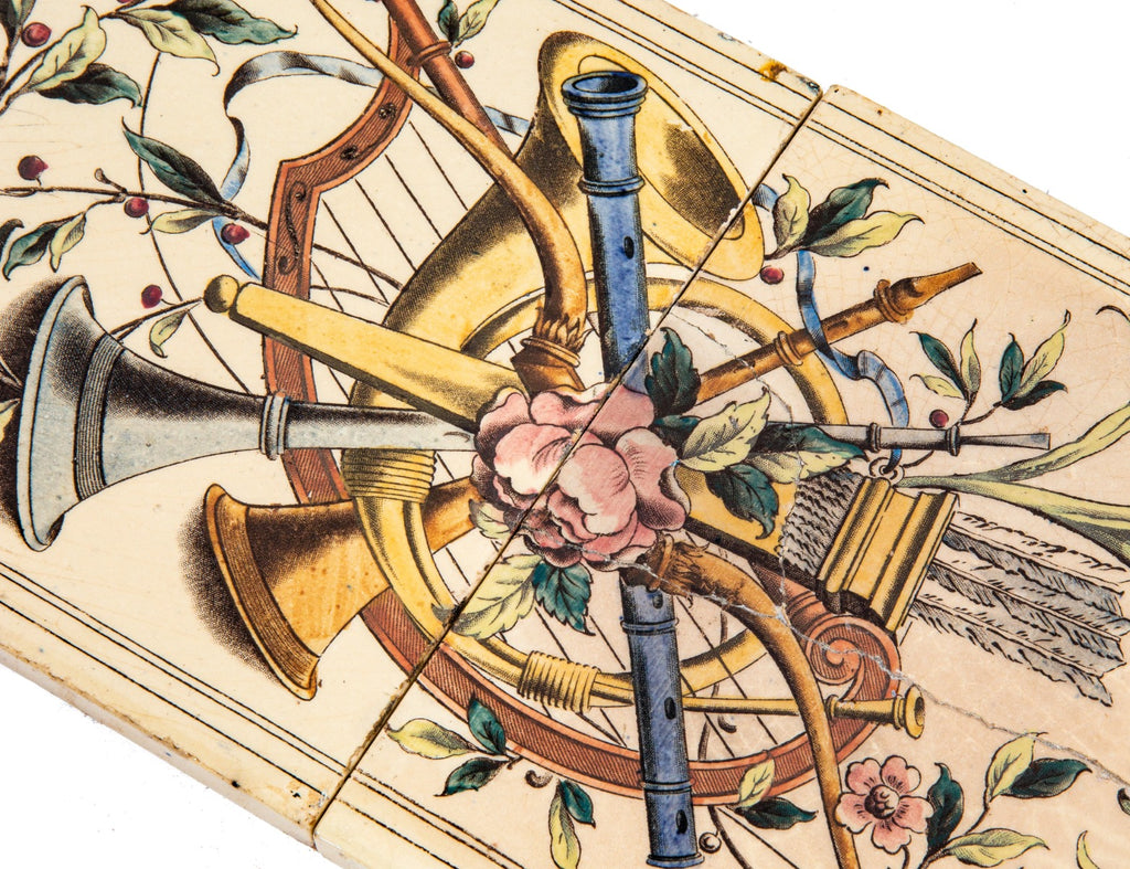 unuusal 1870s two-piece salvaged chicago polychromatic 6 x 12 inch fireplace tile set as found