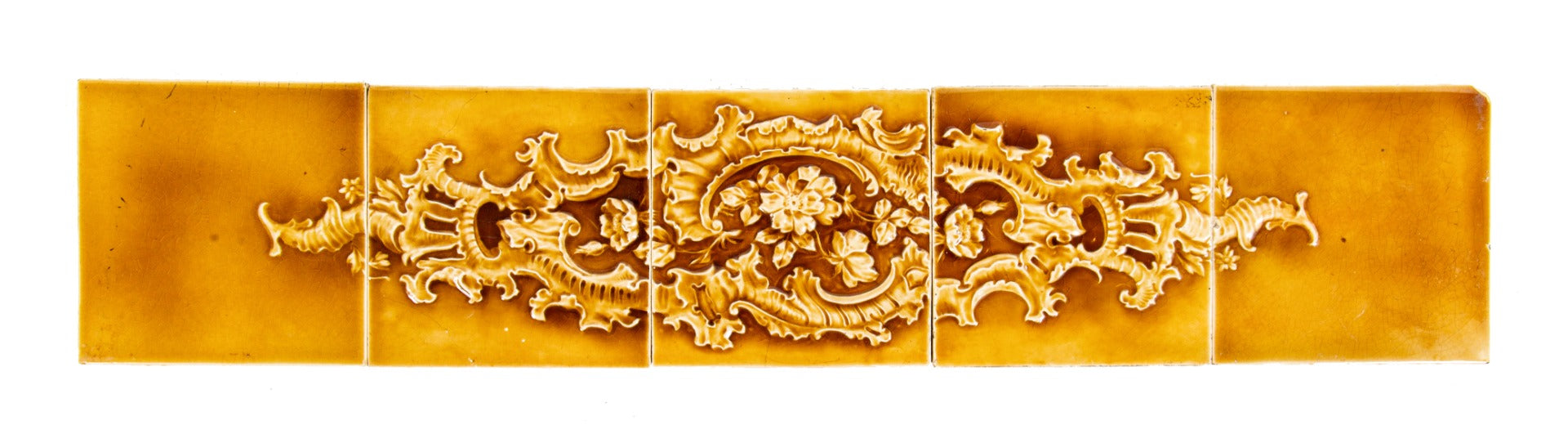 original 1890s salvaged chicago antique american 5-piece butterscotch-colored majolica glazed fireplace tile set