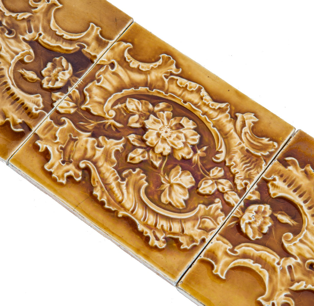 original 1890s salvaged chicago antique american 5-piece butterscotch-colored majolica glazed fireplace tile set