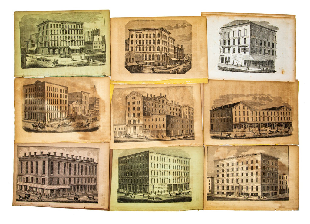 group of rare original and seldom seen engravings of downtown chicago buildings from the 1850s