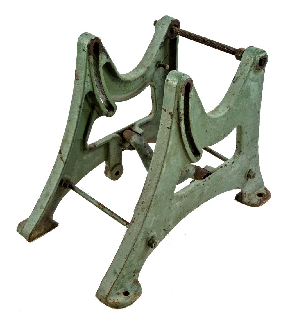 heavy duty green enameled antique american industrial salvaged chicago cast iron factory machine shop base with outswept legs