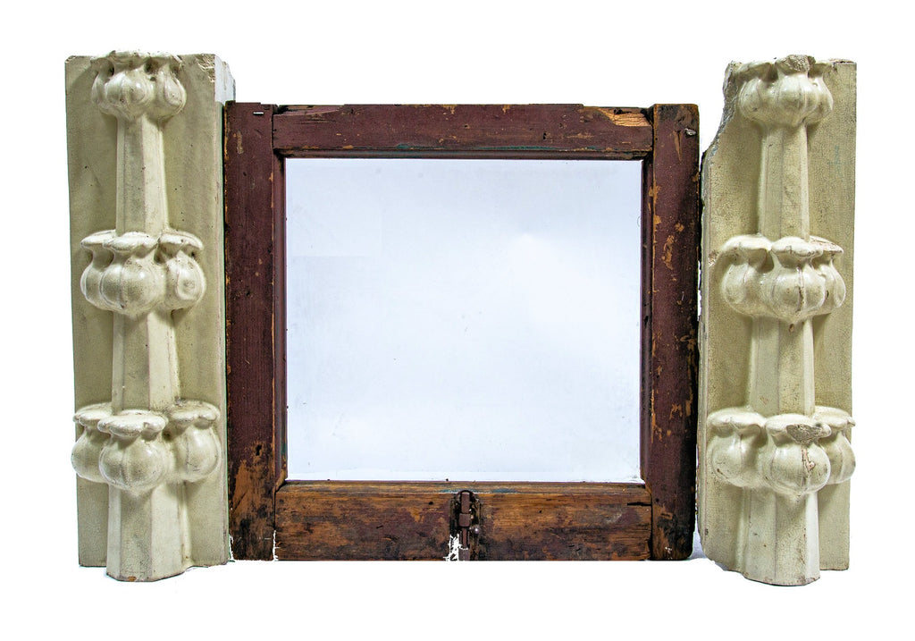 original white glazed terra cotta reliance building roofline module with intact wood sash frame and plate glass window