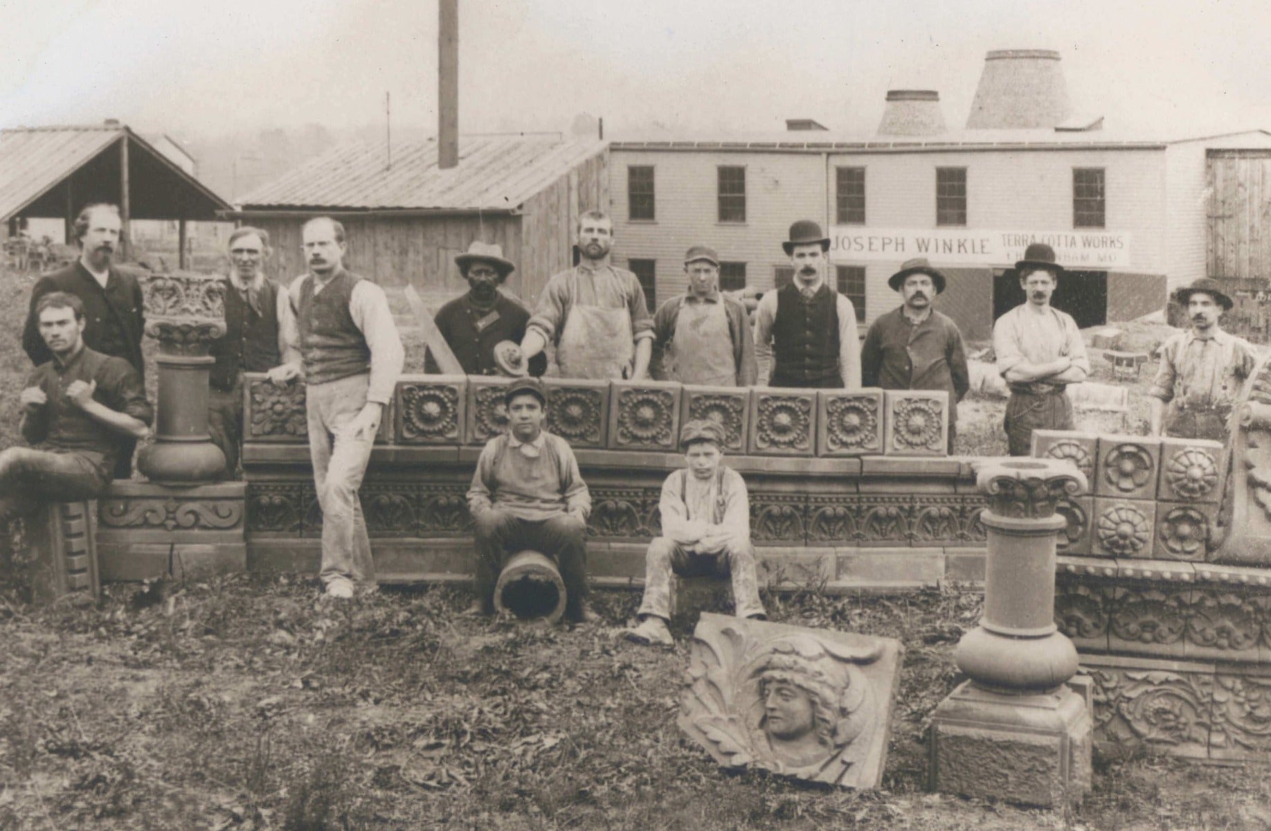 original 19th century red slip glazed ornamental st. louis winkle terra cotta fragment with stamp