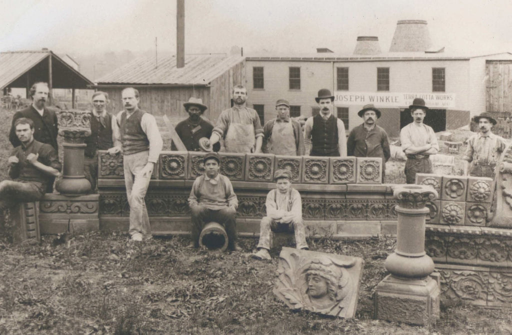 original red slip-glazed american victorian-era winkle terra cotta figural rondel salesman sample