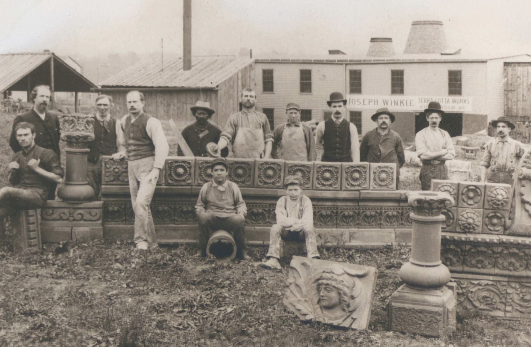original red slip-glazed american victorian-era winkle terra cotta figural rondel salesman sample