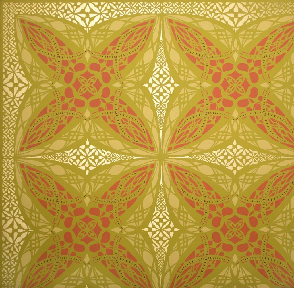 original hand-painted 1960s adler and sullivan schiller building or garrick theater test panel stencil on masonite