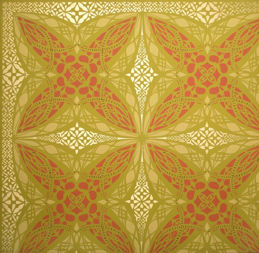 original hand-painted 1960s adler and sullivan schiller building or garrick theater test panel stencil on masonite