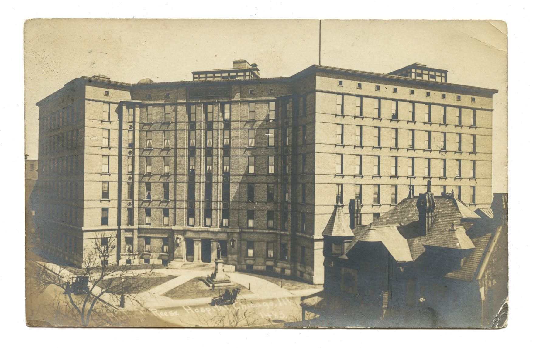 historially important original hugh garden-designed speckeled terra cotta exterior figural michael reese hospital lion head