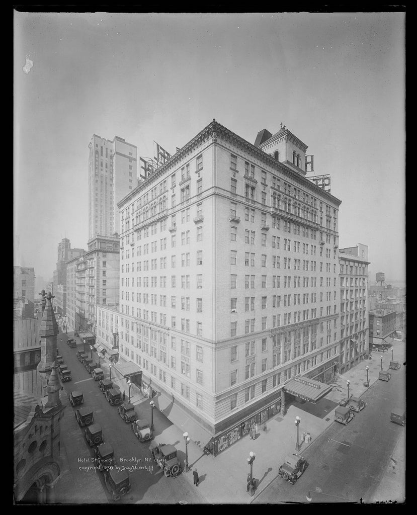 original c. 1930's interior ceiling mount double-sided st. george hotel illuminated sign containing molded glass letters
