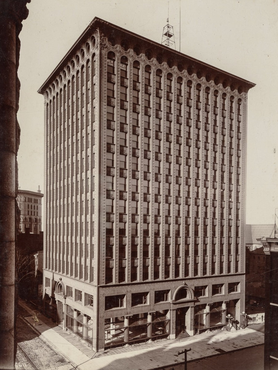 failthfully recreated louis h. sullivan-designed patinated cast bronze guaranty building (1896) wall sconce canopy