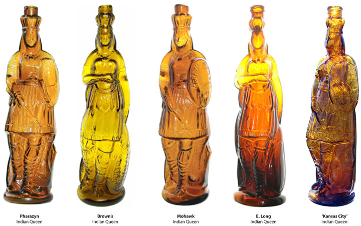 original and largely intact c. 1870's american antique medical "indian queen" browns celebrated indian herb bitters amber colored full-figure bottle