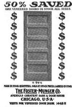 one of two matching original original early 20th century varnished golden oak wood residential pantry swinging door with intact large "florentine" pattern privacy glass pane