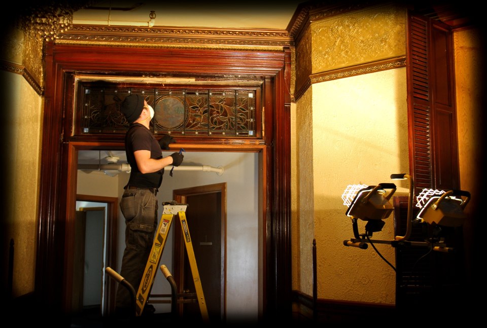 extraordinary 19th century american victorian era david c. cook mansion stained glass transom window featuring a centrally located kiln fired pastoral scene with fisherman