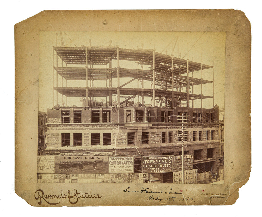 rare original mounted runnels and stateler construction photographic image of burnham and root's of old chronicle building, located 690 market street, san francisco, ca.