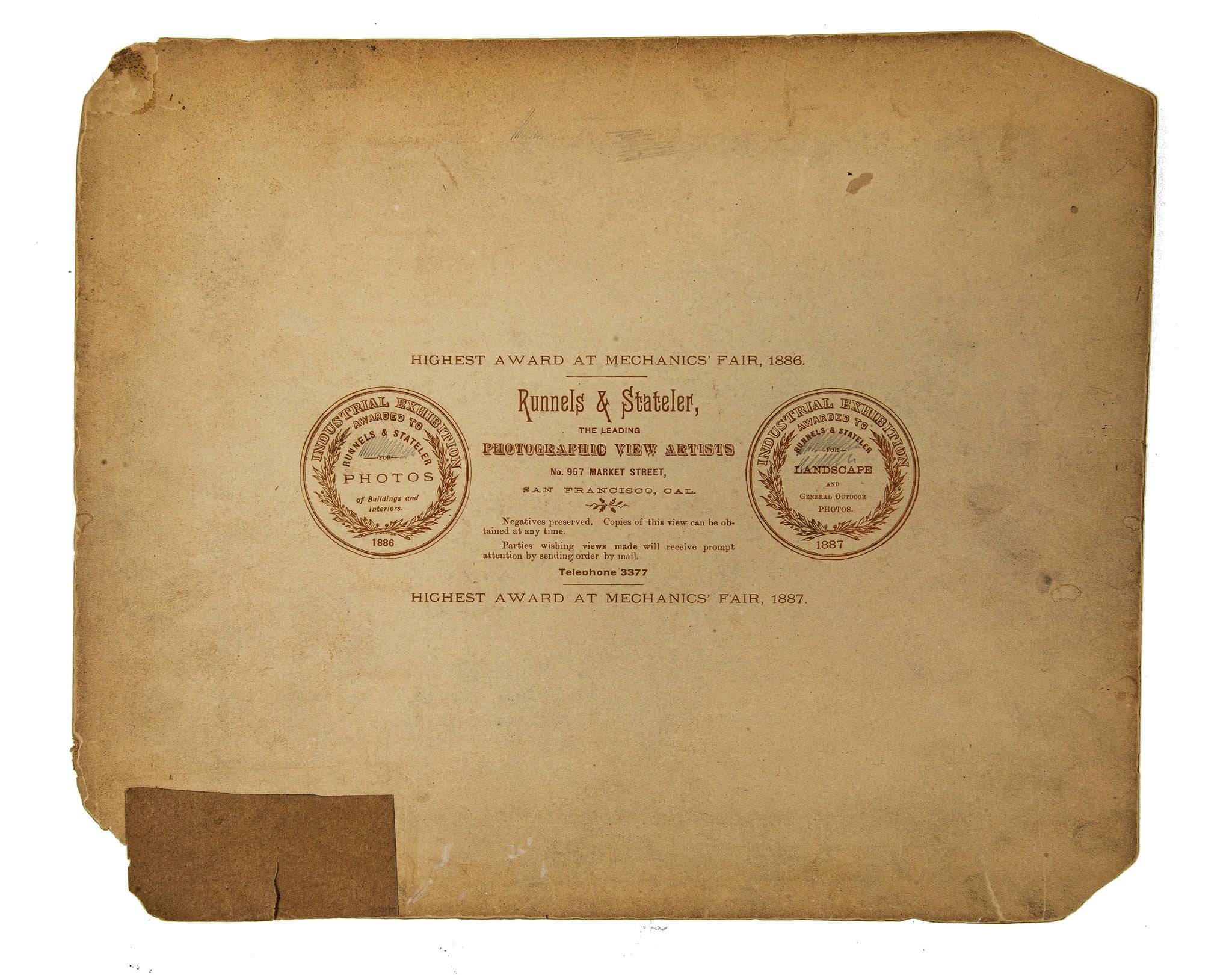 rare original mounted runnels and stateler construction photographic image of burnham and root's of old chronicle building, located 690 market street, san francisco, ca.